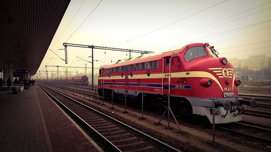 Red Train during Daylight, people, railroads, railways, station, HD wallpaper