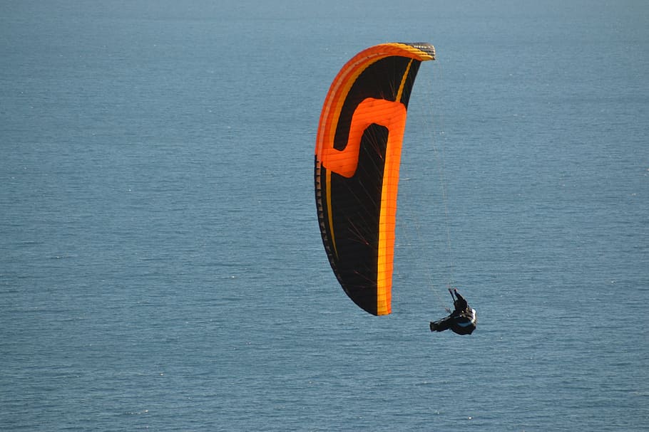 waters, paragliding, fly, sea, spain, coast, soaring, wingover, HD wallpaper