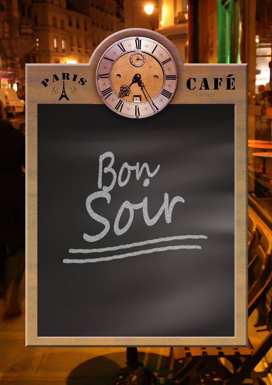 Bon Soir written on chalkboard, Menu, Blackboard, Clock, restaurant HD wallpaper