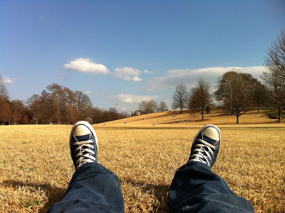 photo of person in black pants and Converse All Star shoes laying on grass, HD wallpaper