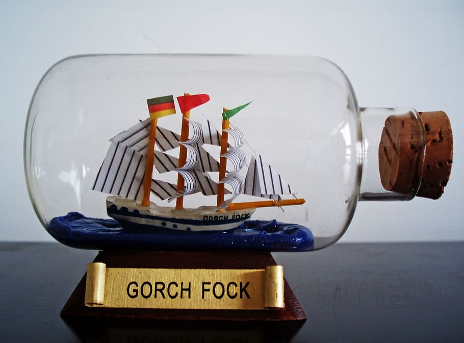 buddelschiff, ship, bottle, model, text, western script, no people HD wallpaper