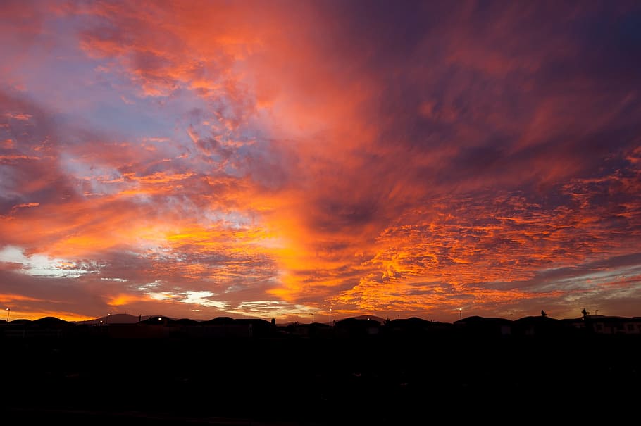 Sunset, Skies, Clouds, Skyline, sunset skies, oranges, purples HD wallpaper
