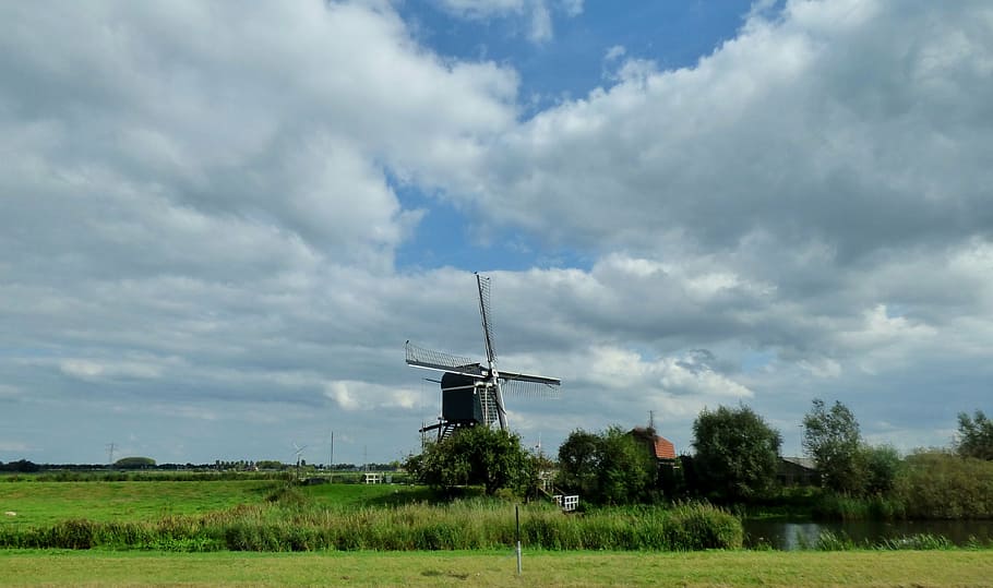 mill, clouds, air, landscape, netherlands, environment, wind turbine HD wallpaper