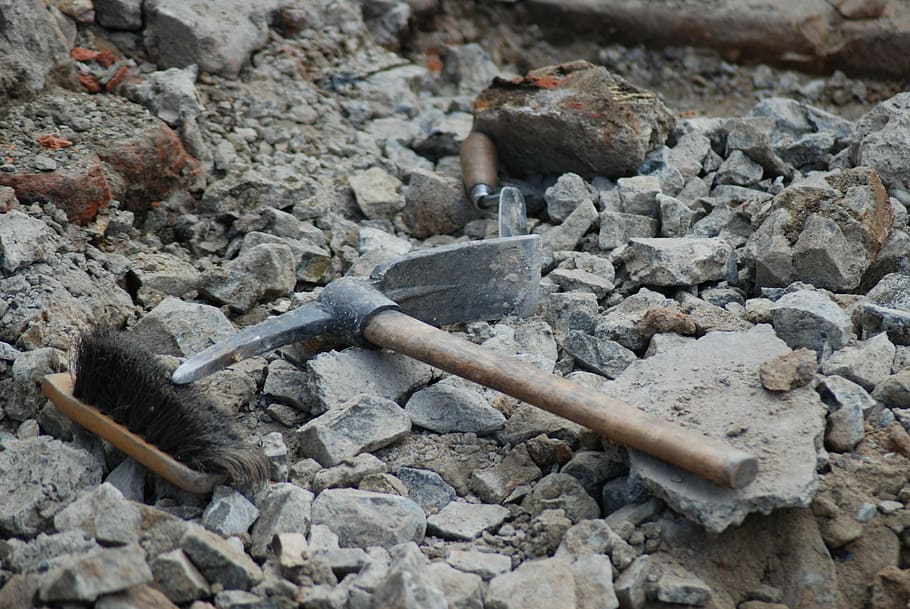 gray pick-ax on gray stone, archaeology, tools, dig, archaeological HD wallpaper