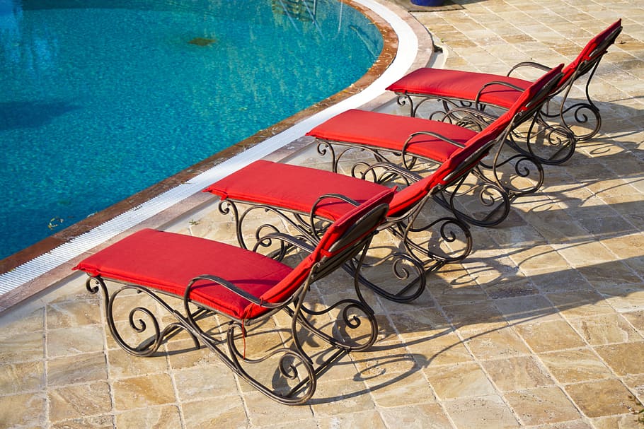 four red-and-black metal loungers near pool, Sunbeds, Holiday HD wallpaper
