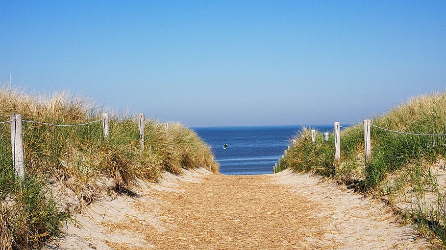 beach access, texel, dunes, sea, idyll, sky, water, footpath