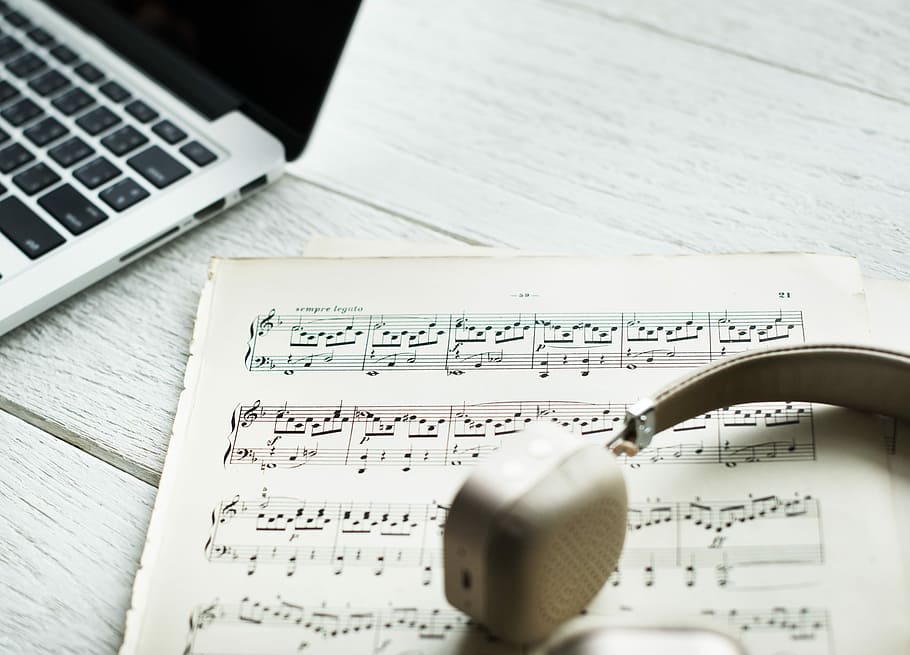 white headphones on music sheet, paper, communication, publication HD wallpaper