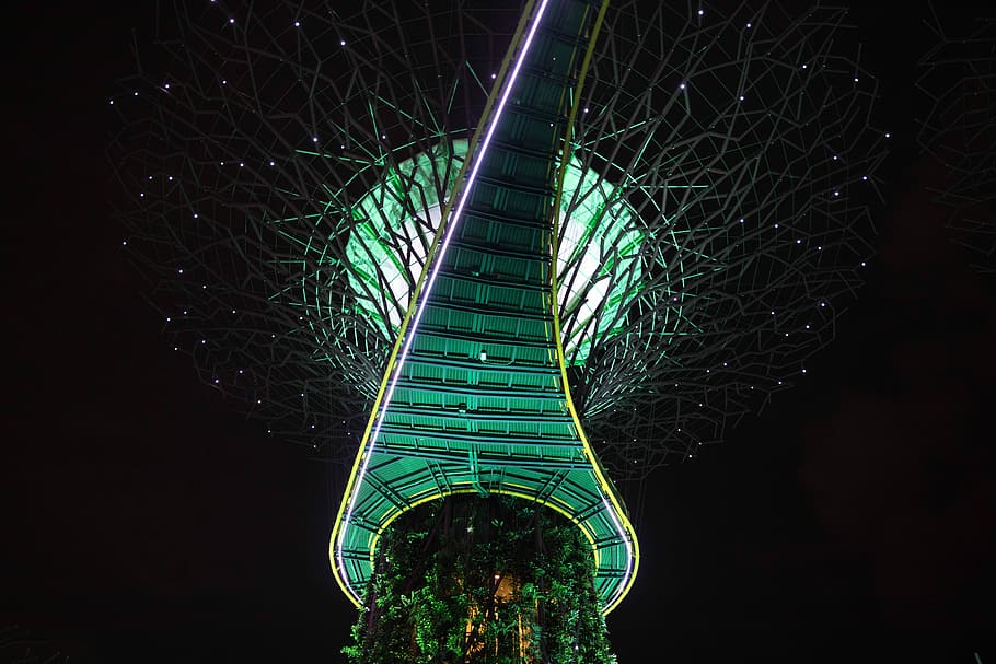 low-angle shot of green tower, green art design, light, dark HD wallpaper