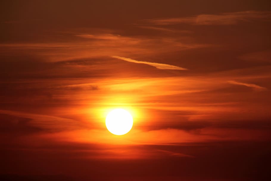 sun under red cloudy sky, sunset, abendstimmung, setting sun HD wallpaper