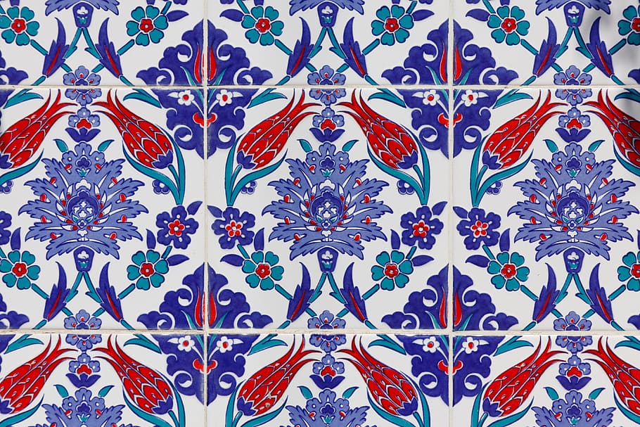 close up photo of purple and red floral tiles, art, artistic, HD wallpaper