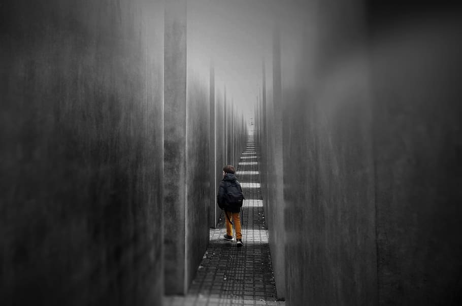boy walking in the corridor, perspective, monument, grey, gray HD wallpaper