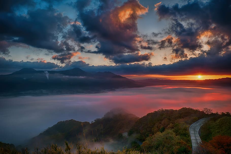 mountain range view with pavement during golden time, japan HD wallpaper