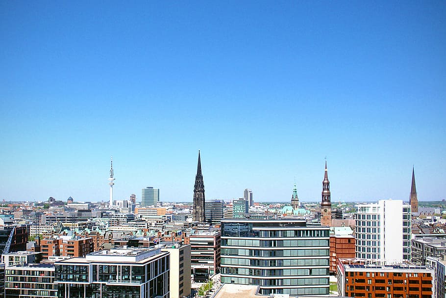 architecture, blue sky, buildings, city, hamburg, skyline, cityscape, HD wallpaper