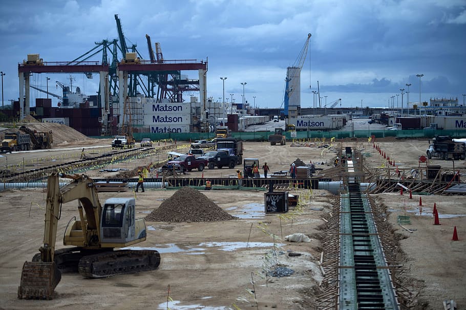 Construction Site in Guam, clouds, cranes, DoD, JCCCproduct, public domain, HD wallpaper