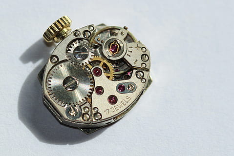 close-up photograph of silver watch tool, clock, movement, gears HD wallpaper