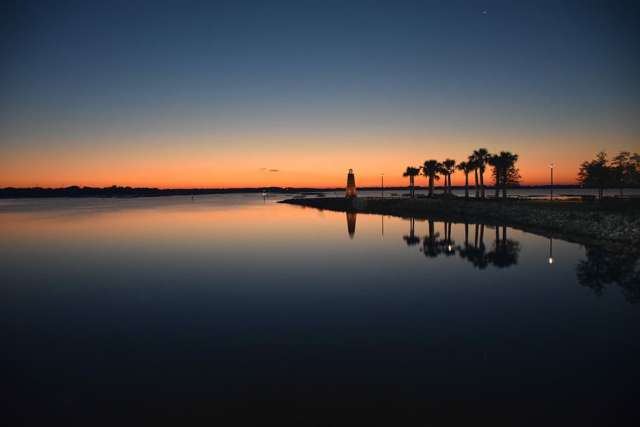 panoramic photography of trees, Sunrise, Lighthouse, Lake, Reflection HD wallpaper