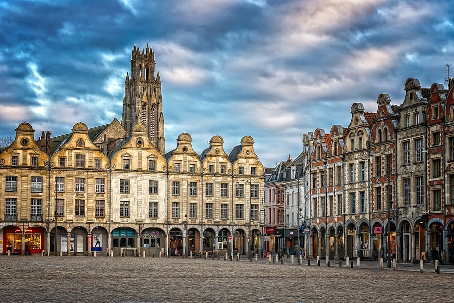 brown house under blue sky, city, downtown, france, arras, old town, HD wallpaper