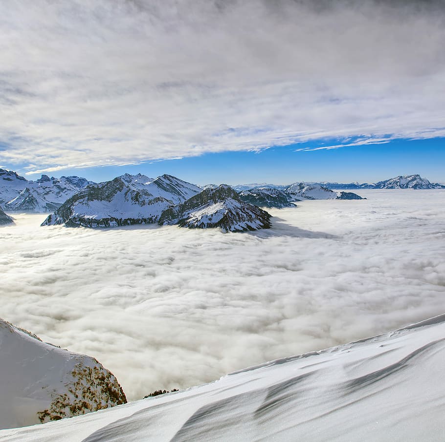snow-capped mountain under white and blue sky, landssnow-capped mountain HD wallpaper
