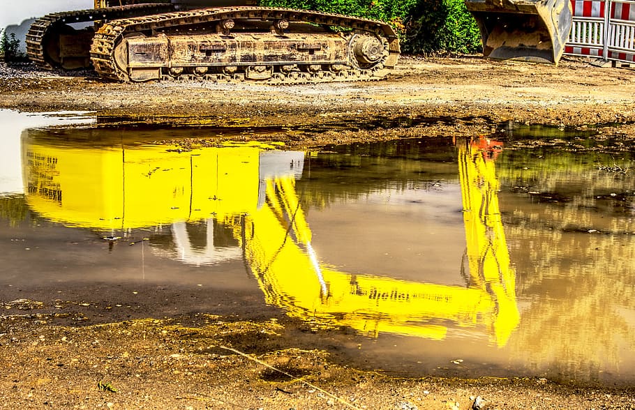 excavators, water, mirroring, reflection, construction machine HD wallpaper