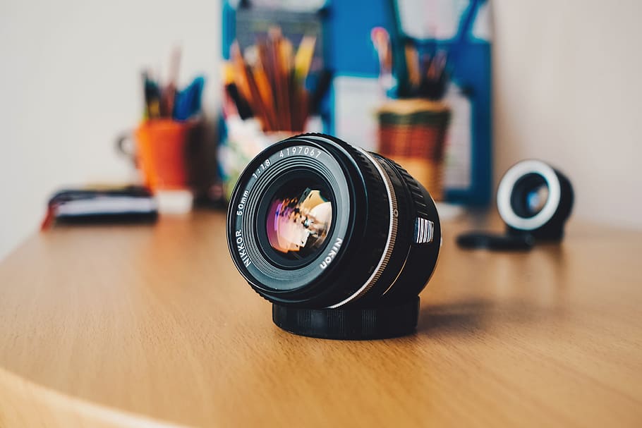 Camera lens on desk, technology, camera - Photographic Equipment