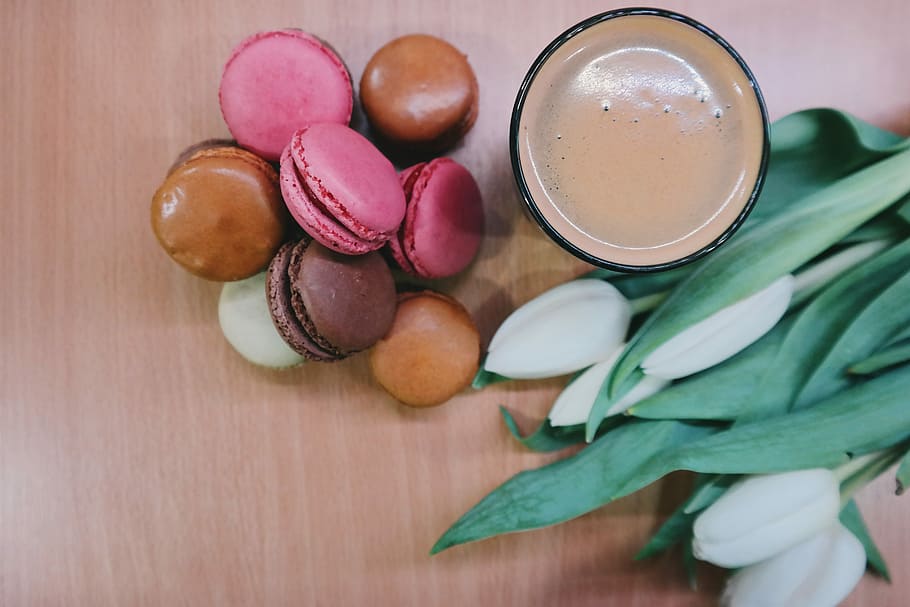 Macarons and coffee, flower, france, french, glass, sweet, tulip
