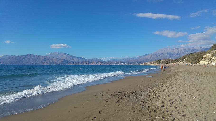 crete, beach, sea, greece, land, water, sky, mountain, sand HD wallpaper