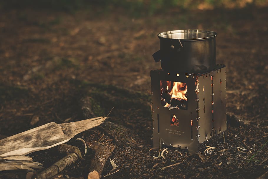 silver cooking pot beside wooden logs, outdoor, fire, camping, HD wallpaper