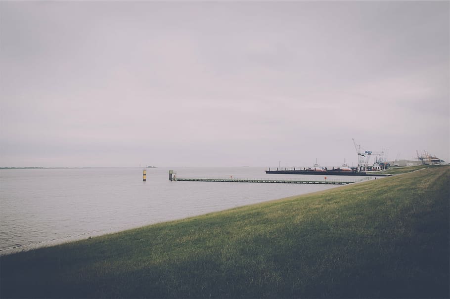 boats, docks, water, grass, cloudy, sea, sky, transportation HD wallpaper