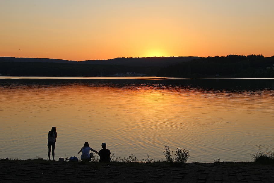 sunset, abendstimmung, lake, sky, nature, evening sky, romance HD wallpaper