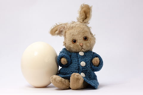 brown rabbit plush toy beside white egg, easter bunny, sad HD wallpaper