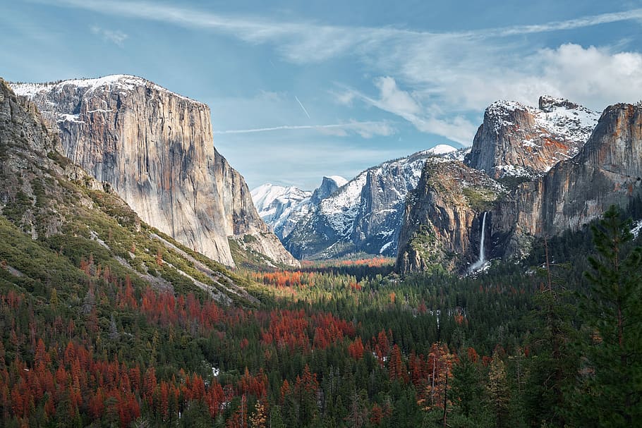 mountain surrounded by trees under cloudy sky, trees surround by glacier mountain under blue and white sky photo HD wallpaper
