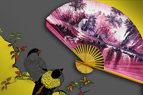 pink and white forest-print hand fan wall decor, assembly, the background HD wallpaper