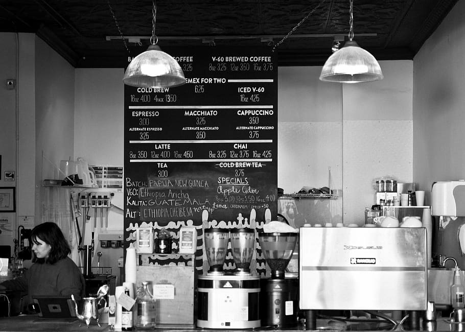 grayscale photo of woman sitting inside cafe, business, establishments, HD wallpaper