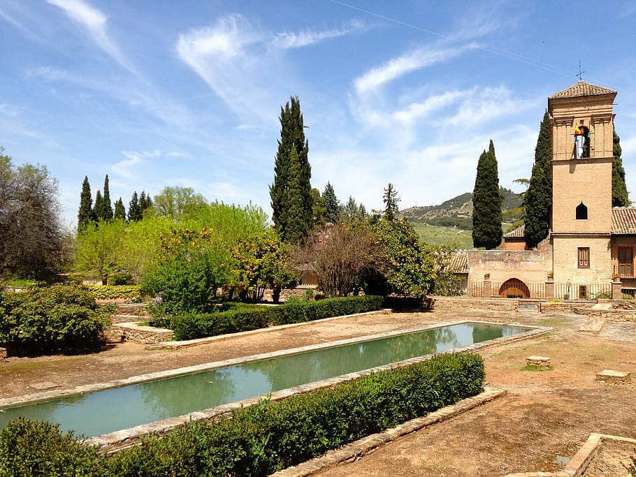 Andalusia, Sun, Clouds, Spain, Pond, landscape, church, tree HD wallpaper