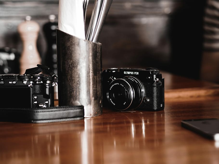 The beast, two cameras on table, olympus, photography, retro HD wallpaper