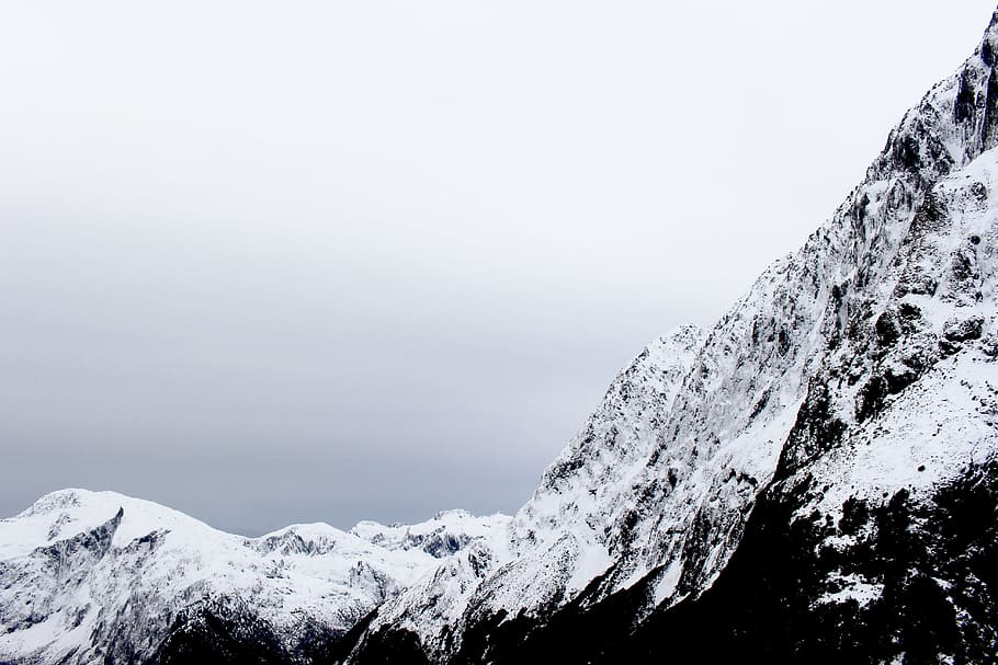 white snow-covered mountain, snow covered mountain, grayscale HD wallpaper