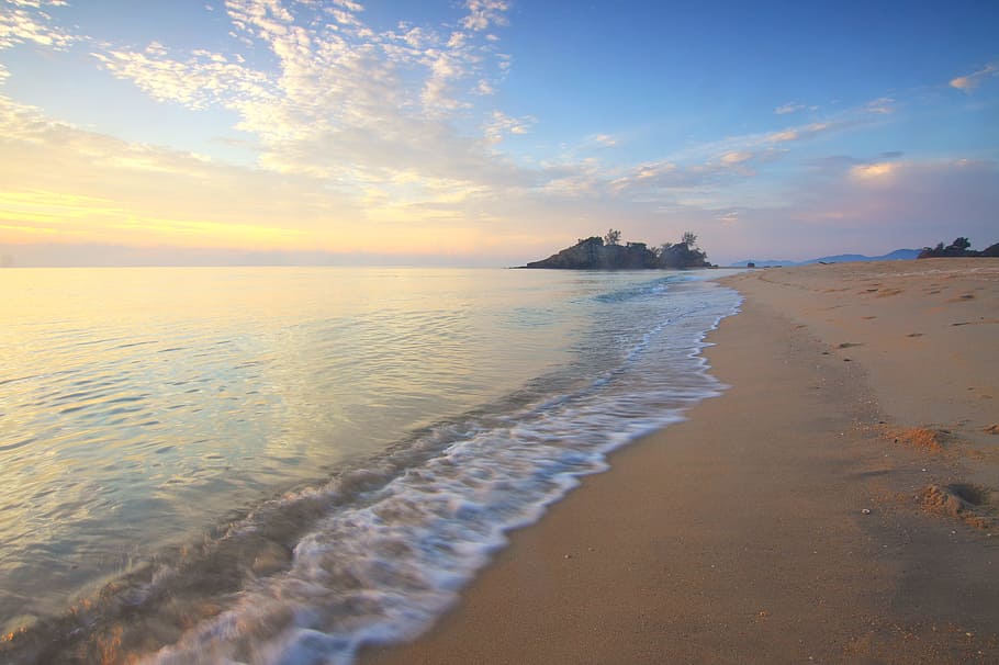sea, dawn, landscape, nature, beach, clouds, dusk, evening, horizon HD wallpaper