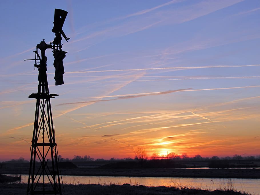 sunset, holland, polder, mill, wind mill, evening, noord-holland HD wallpaper