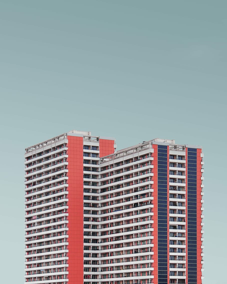 red and white high rise building under blue sky, orange and white building photography HD wallpaper