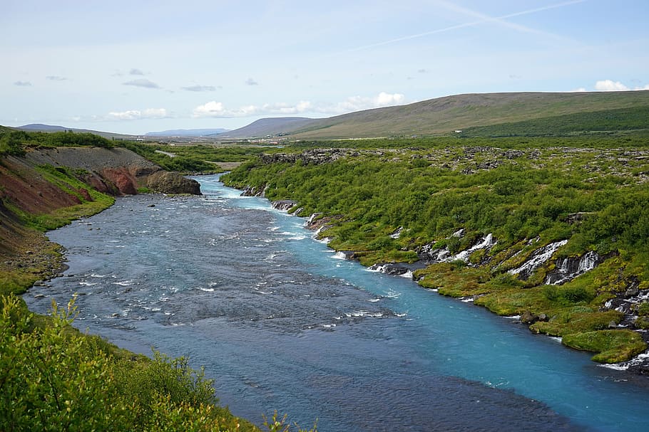 barnafoss, river, waterfall, iceland, waters, beauty in nature HD wallpaper