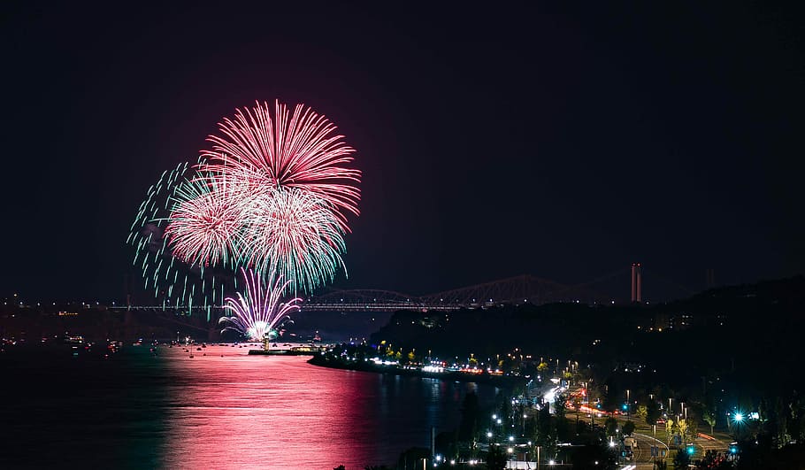 fireworks on city lake, night, sky, water, reflection, firework display HD wallpaper
