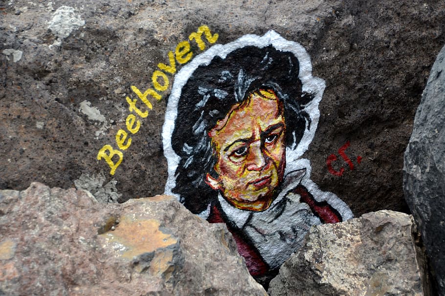 Beethoven, Stone, Artwork, grafiti, face, head, looking at camera