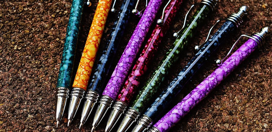 pen, writing implement, leave, office, colorful, office accessories HD wallpaper