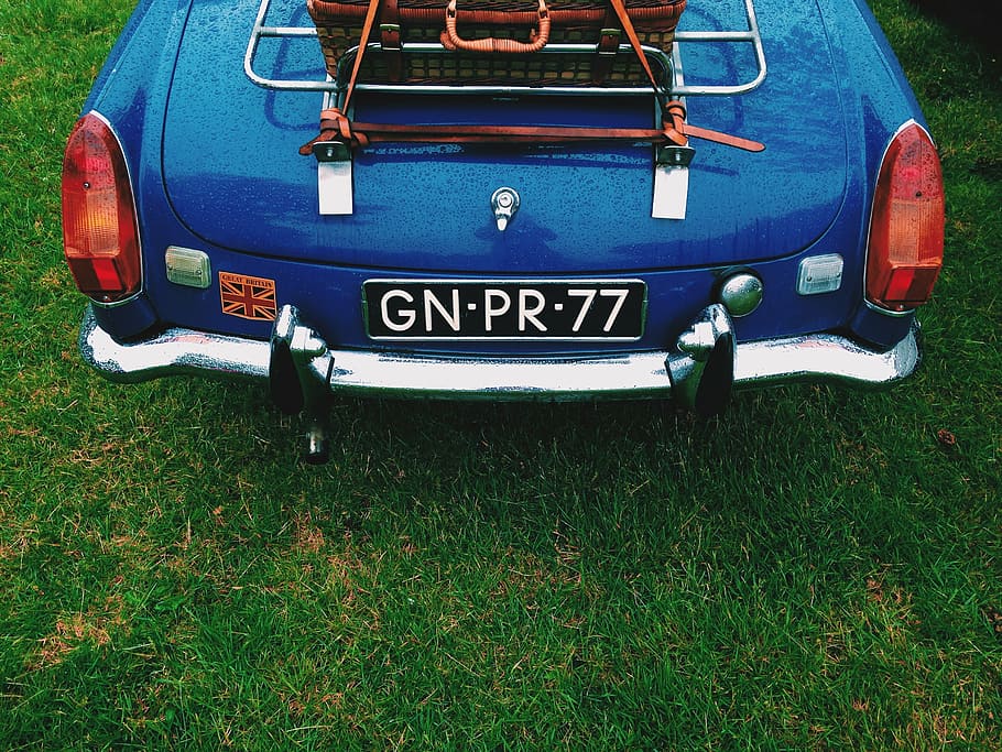 classic blue car parked on green grass field, boot, trunk, vehicle HD wallpaper