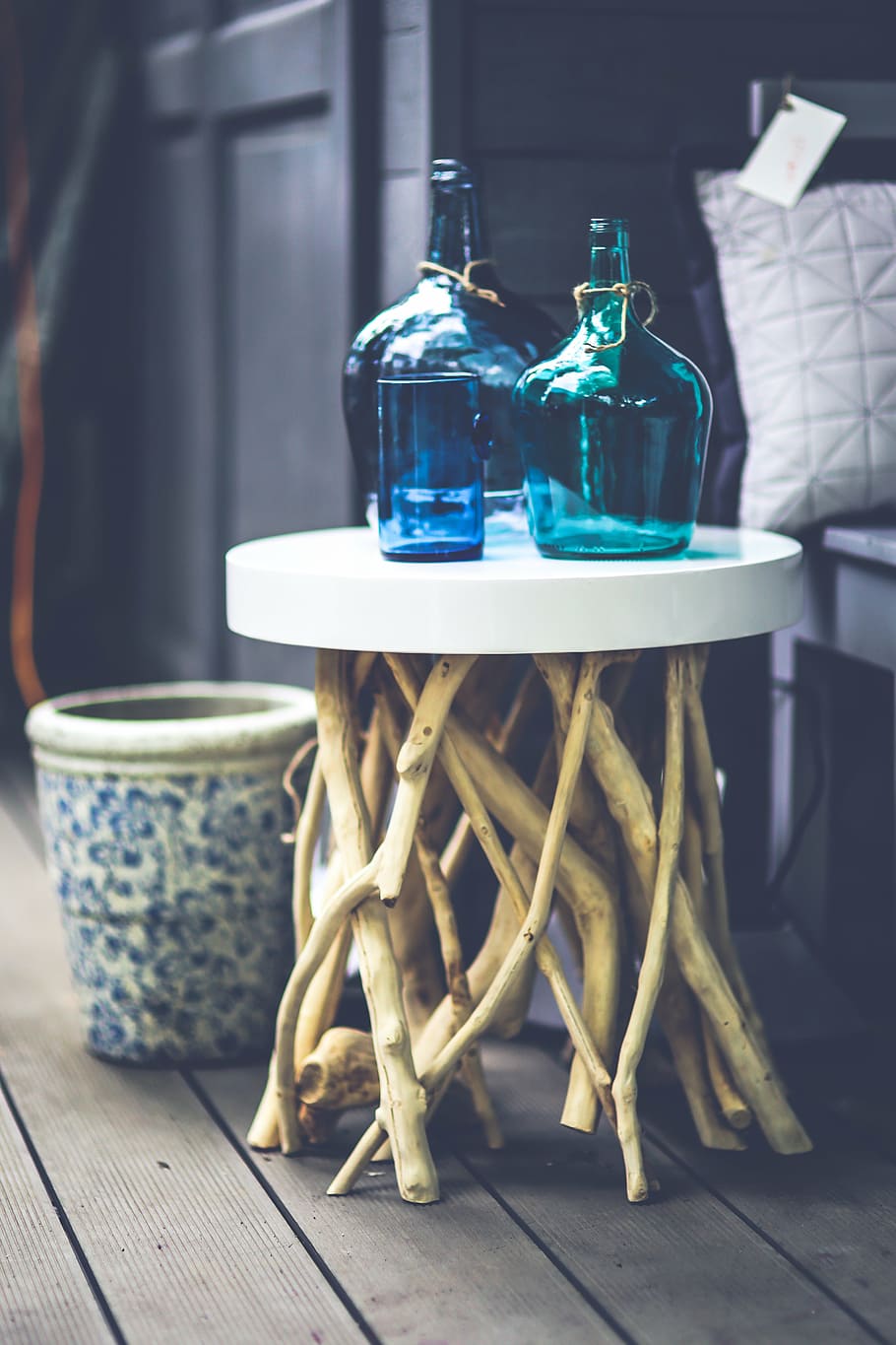 two green and blue glass carboys on selective photo, carafes HD wallpaper
