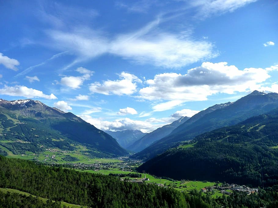 alps, valley, valtellina valley, lombardy, bormio, clouds, mountains, HD wallpaper