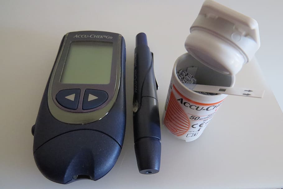 black Accu-Chek glucometer on table, diabetes, blood, diabetic