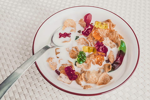 photograph of Gummie bears  and cereal bowl, objects, whimsical HD wallpaper