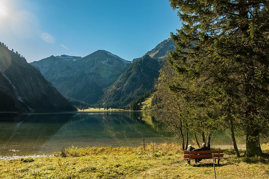 mountains and lake under blue sky, vilsalpsee, alpine, bergsee