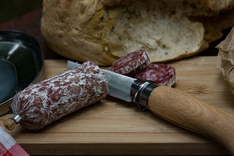 bread, food, wood, meal, board, camping knife, close-up, delicious HD wallpaper